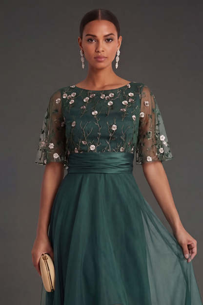 Short Sleeves A Line Floral Dark Green Round Neck High Low Formal Dress
