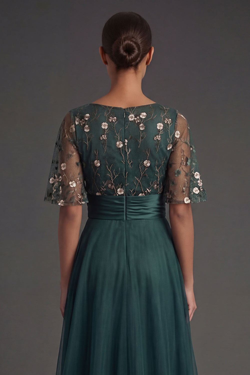 Short Sleeves A Line Floral Dark Green Round Neck High Low Formal Dress