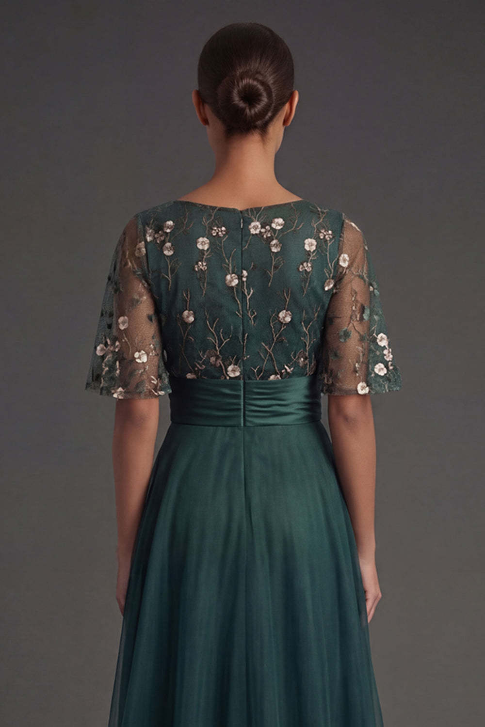 Short Sleeves A Line Floral Dark Green Round Neck High Low Formal Dress