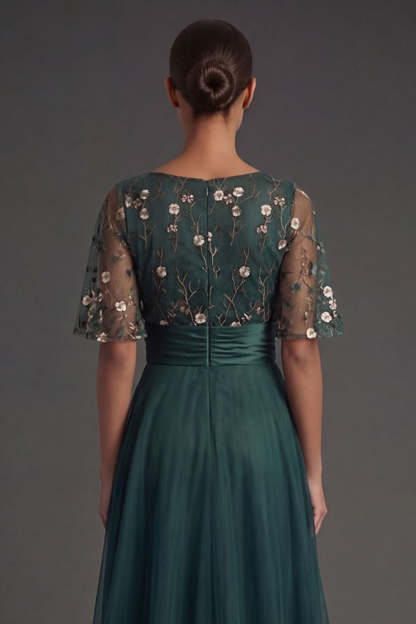 Short Sleeves A Line Floral Dark Green Round Neck High Low Formal Dress