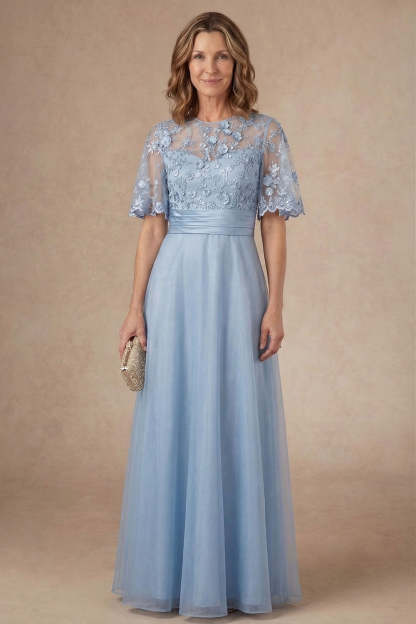 Leely Women Sky Blue Floral A Line Round Neck Long Mother Dress Short Sleeves Appliqued Wedding Guest Dress
