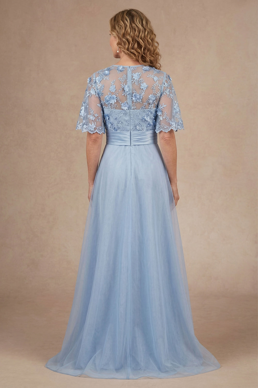 Sky Blue Floral Appliqued A Line Round Neck Long Mother Dress
