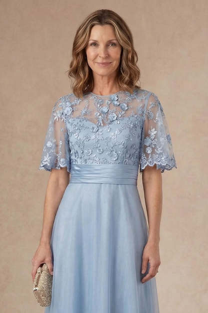 Sky Blue Floral Appliqued A Line Round Neck Long Mother Dress