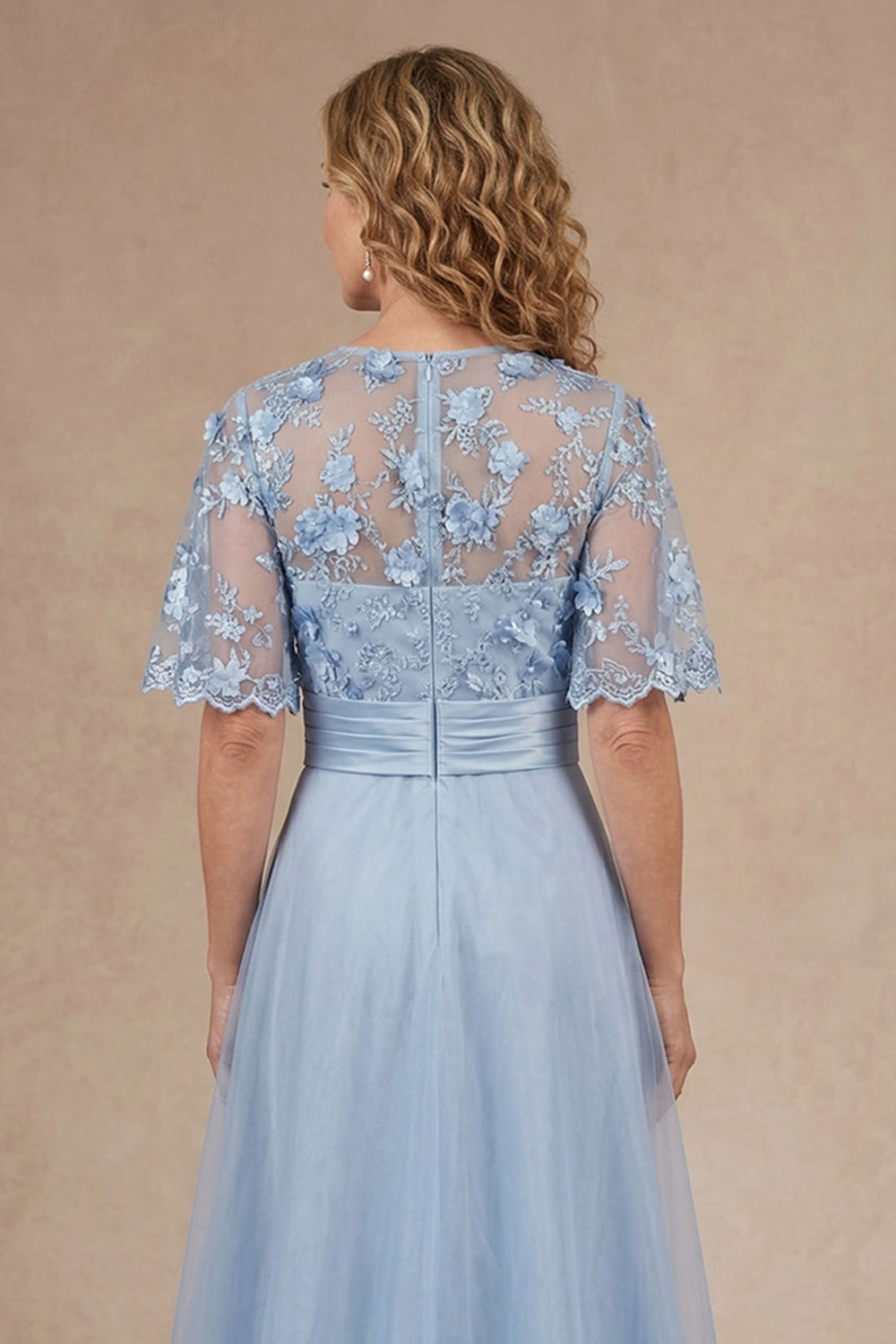 Sky Blue Floral Appliqued A Line Round Neck Long Mother Dress
