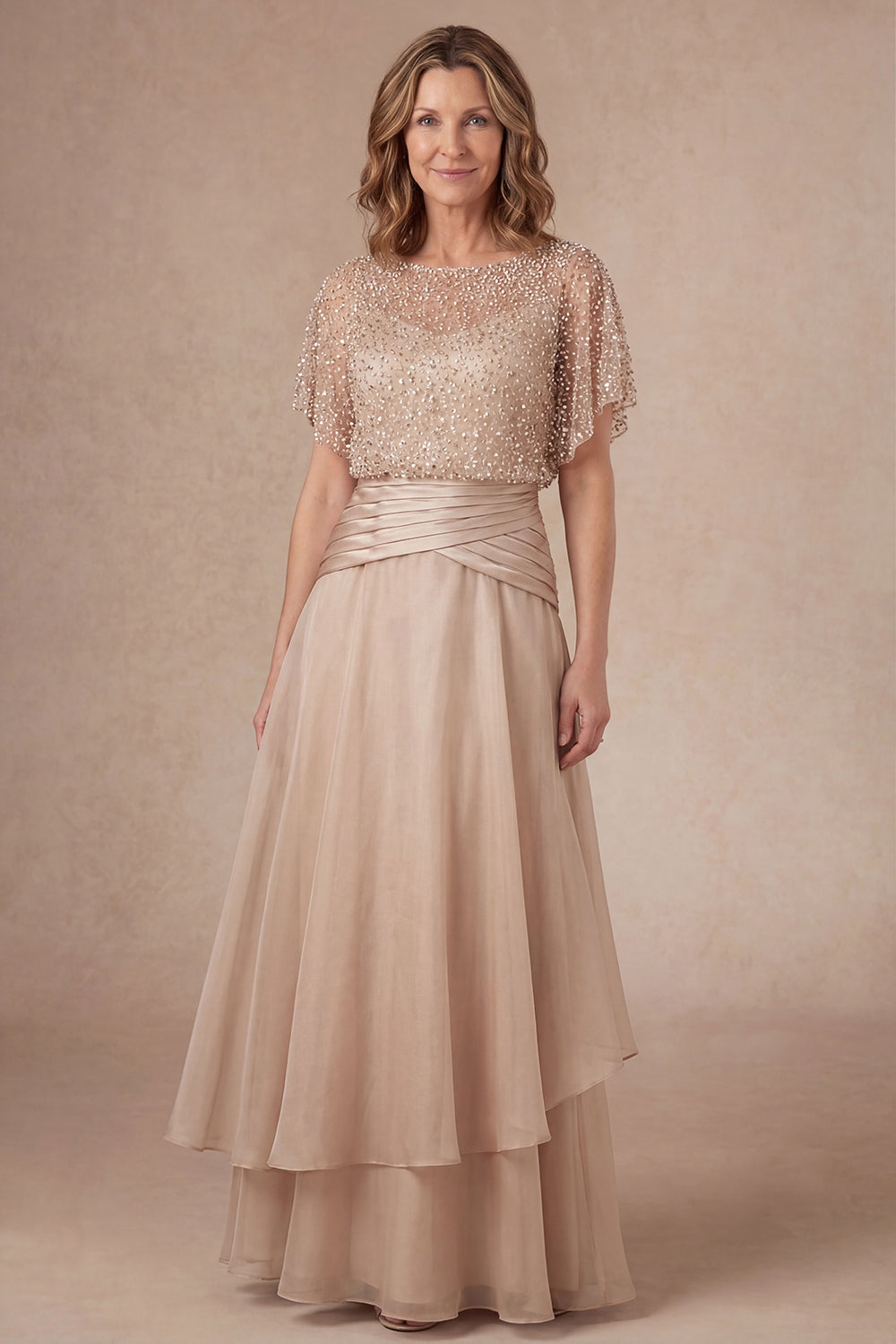 Leely Women Champagne Sparkly Beaded Long Mother Dress A Line Ruffled Round Neck Wedding Guest Dress