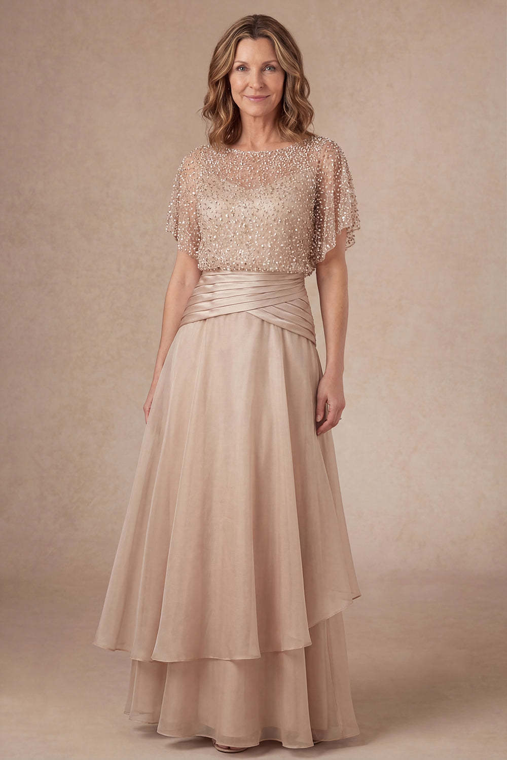 Leely Women Champagne Sparkly Beaded Long Mother Dress A Line Ruffled Round Neck Wedding Guest Dress