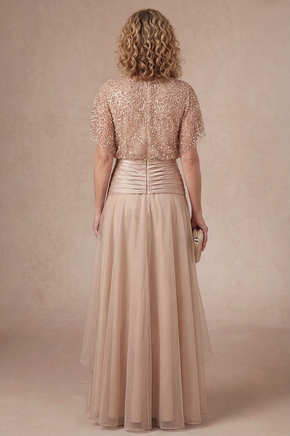 Champagne Sparkly Beaded A Line Ruffled Round Neck Long Mother Dress