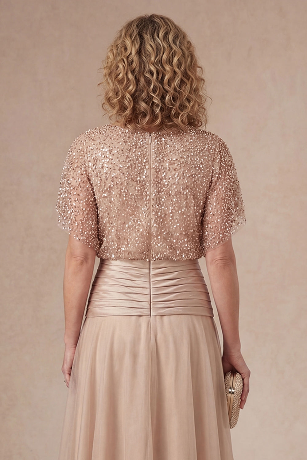 Champagne Sparkly Beaded A Line Ruffled Round Neck Long Mother Dress