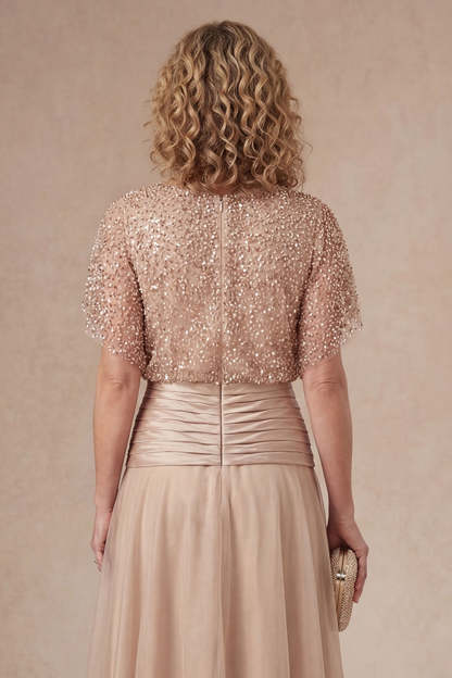 Champagne Sparkly Beaded A Line Ruffled Round Neck Long Mother Dress
