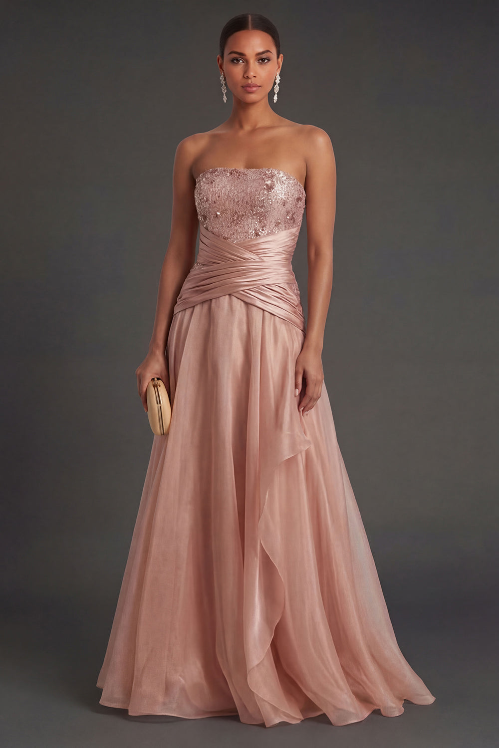 Leely Women Beaded Dusty Rose A Line Backless Long Formal Dress Strapless Ruched Wedding Guest Dress