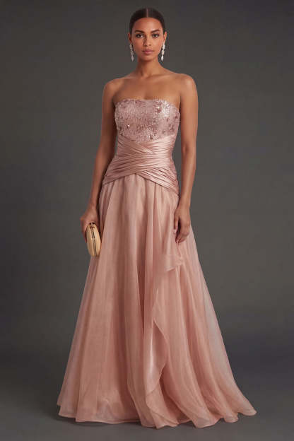 Leely Women Beaded Dusty Rose A Line Backless Long Formal Dress Strapless Ruched Wedding Guest Dress