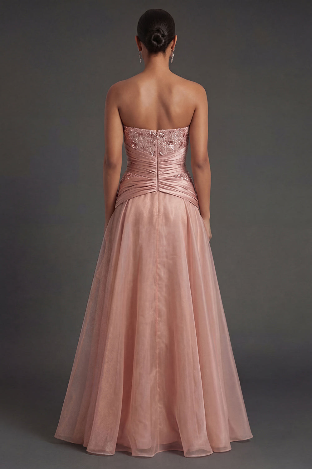 Beaded Dusty Rose A Line Strapless Ruched Backless Long Formal Dress