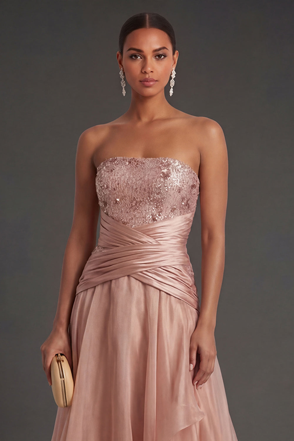 Beaded Dusty Rose A Line Strapless Ruched Backless Long Formal Dress