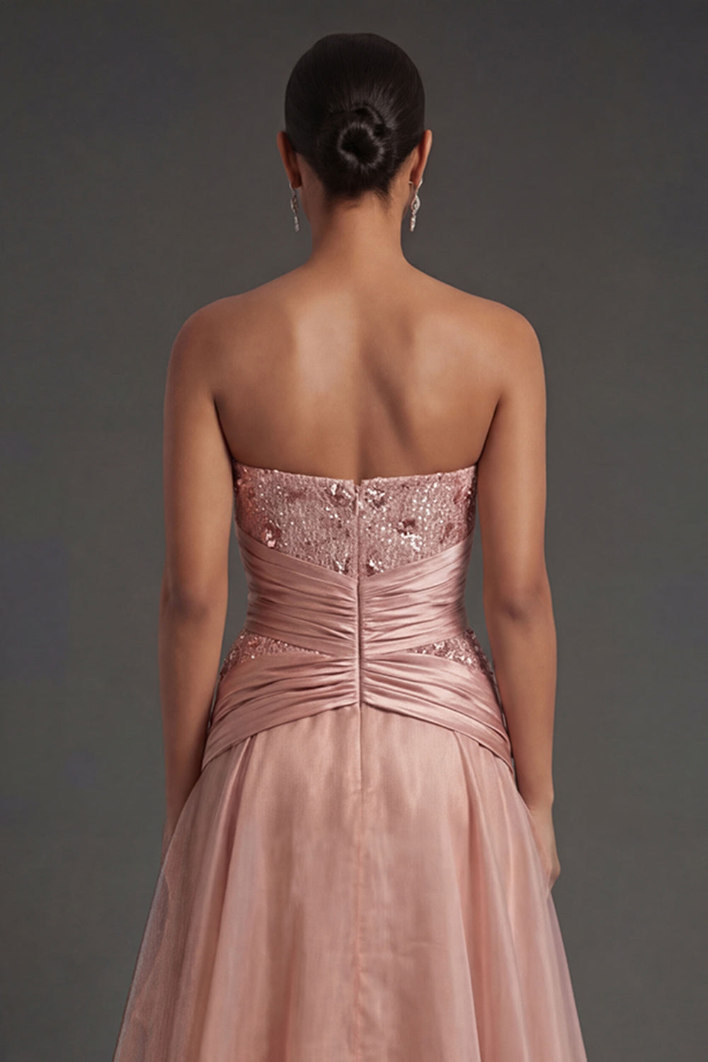 Beaded Dusty Rose A Line Strapless Ruched Backless Long Formal Dress