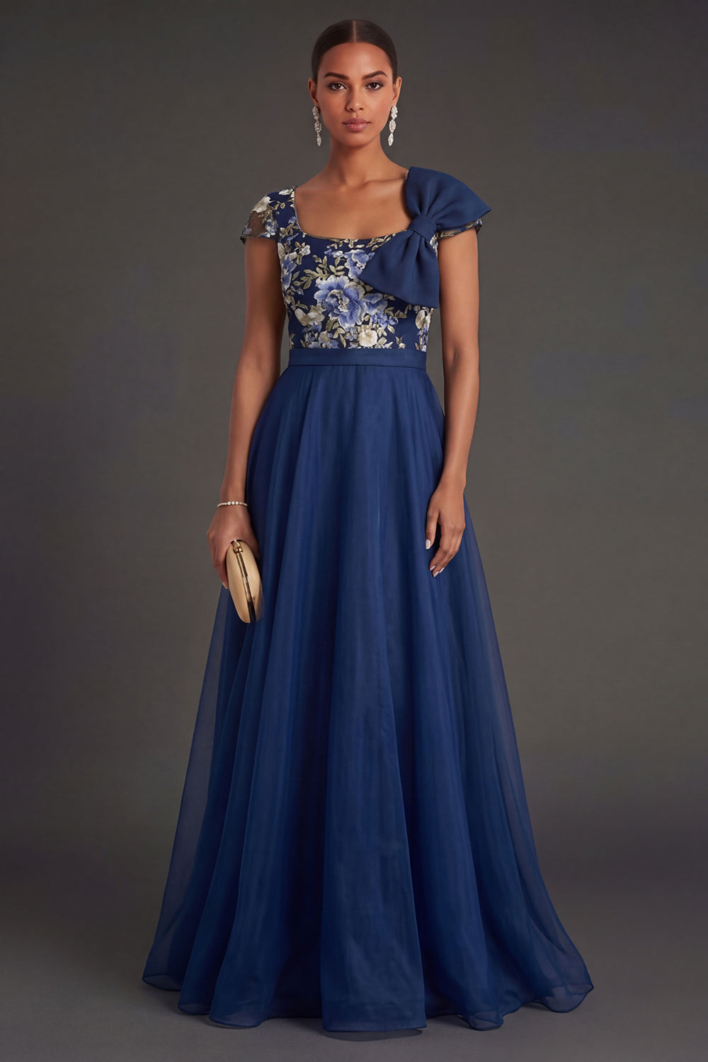 Leely Women Backless A Line Floral Long Formal Dress with Bow Square Neck Backless Short Sleeves Wedding Guest Dress