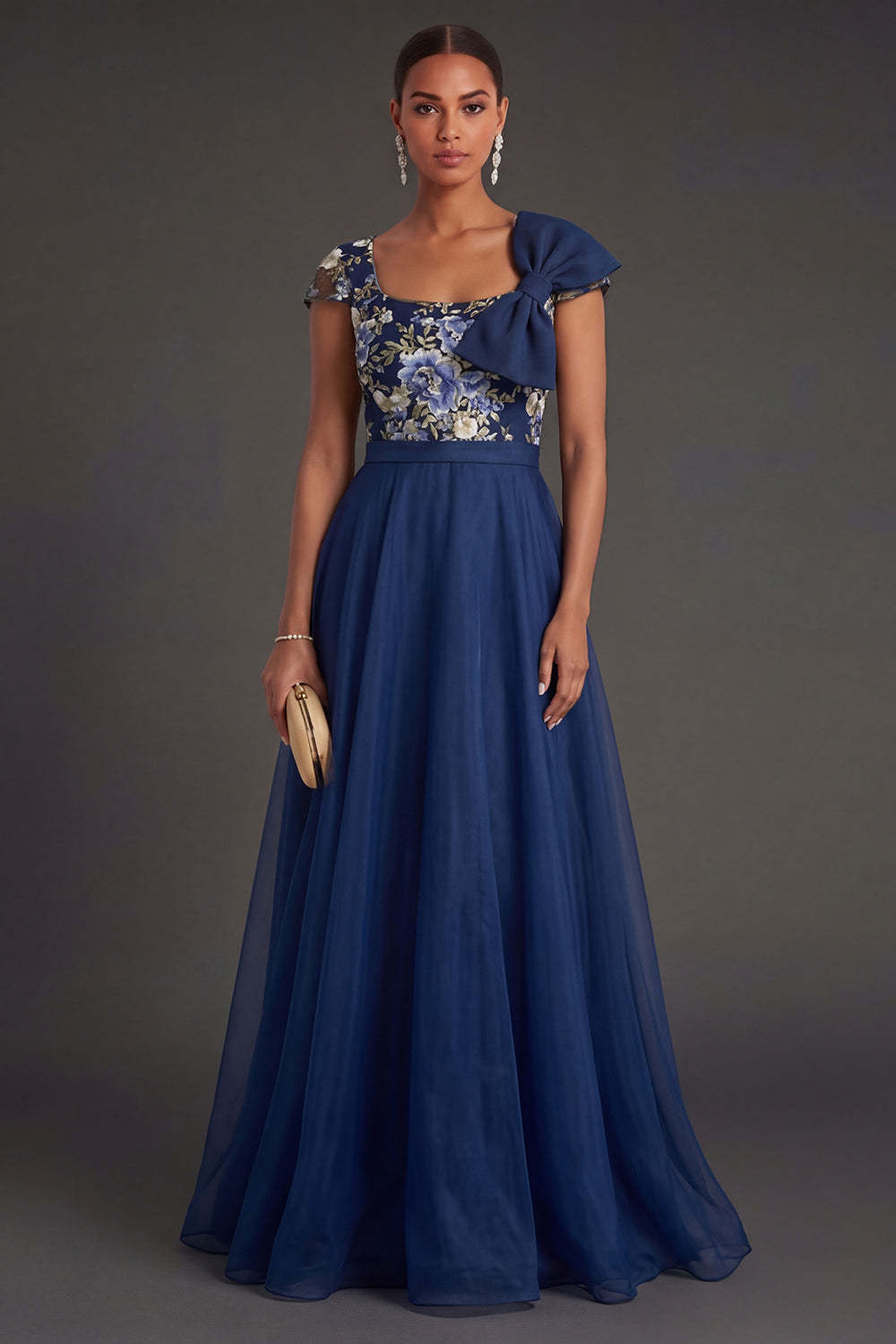 Leely Women Backless A Line Floral Long Formal Dress with Bow Square Neck Backless Short Sleeves Wedding Guest Dress