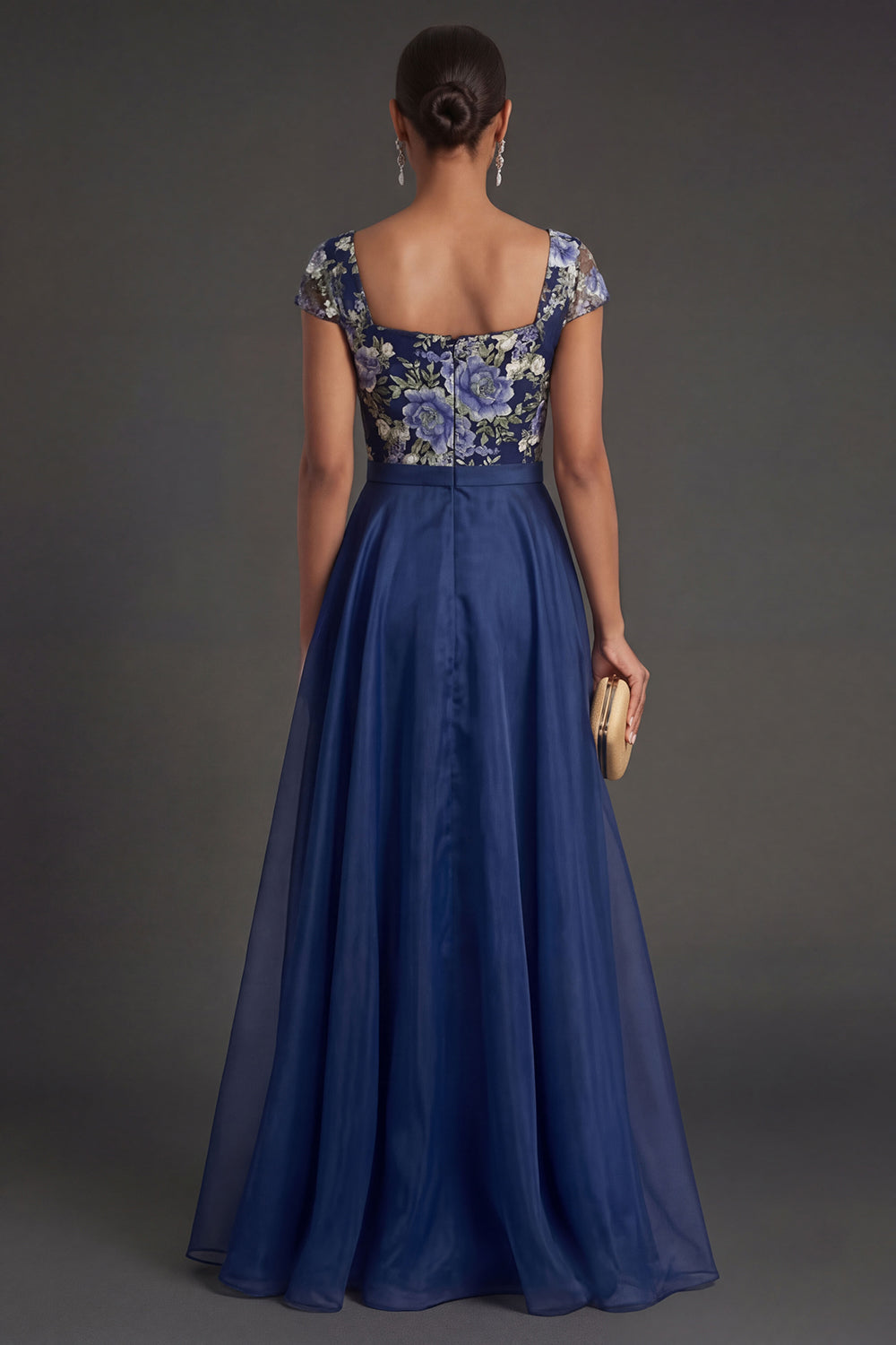 Backless A Line Square Neck Floral Long Formal Dress with Bow