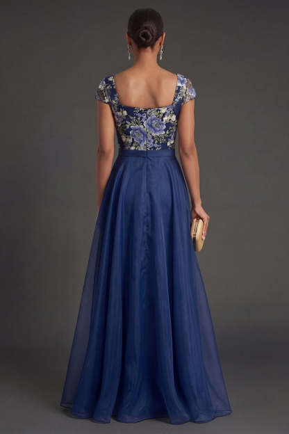 Backless A Line Square Neck Floral Long Formal Dress with Bow