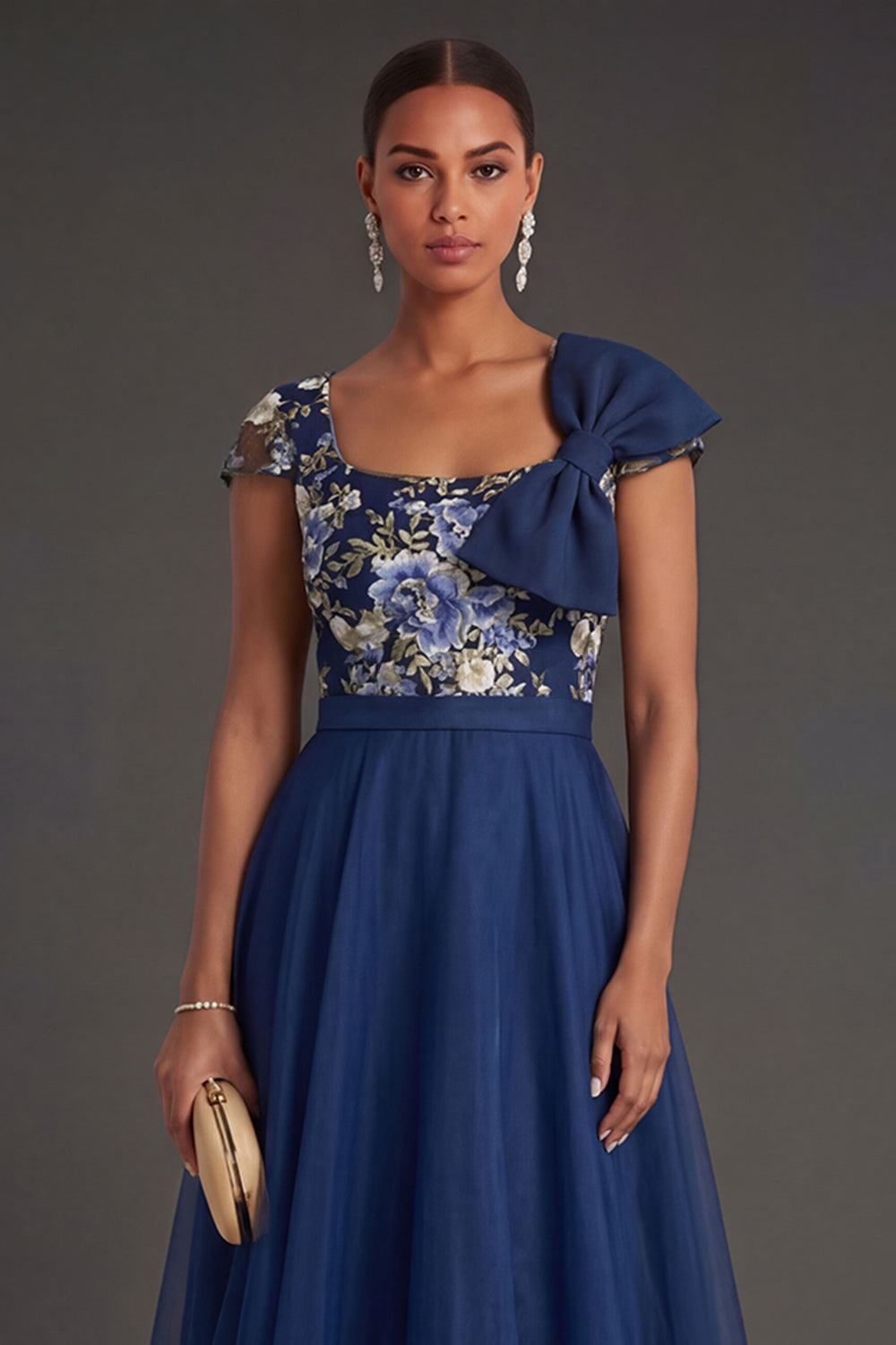 Backless A Line Square Neck Floral Long Formal Dress with Bow