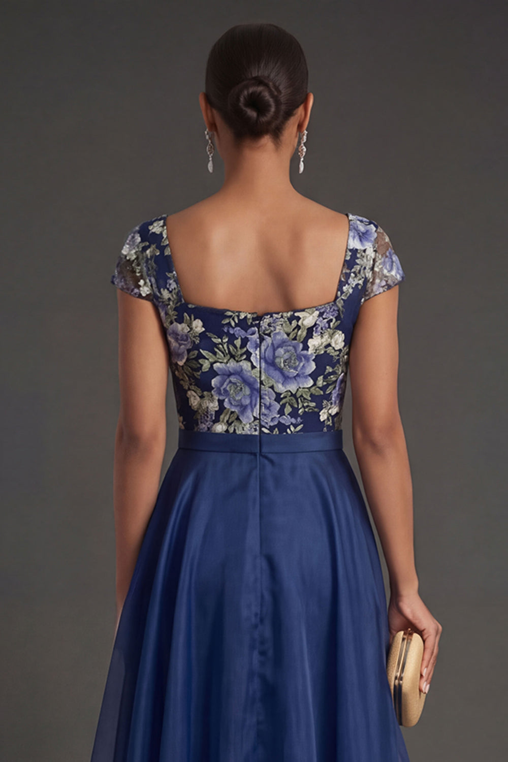 Backless A Line Square Neck Floral Long Formal Dress with Bow