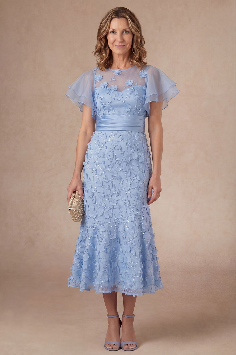 Leely Women Light Blue Mermaid Floral Ruffled Midi Mother Dress Appliqued Short Sleeves Wedding Guest Dress