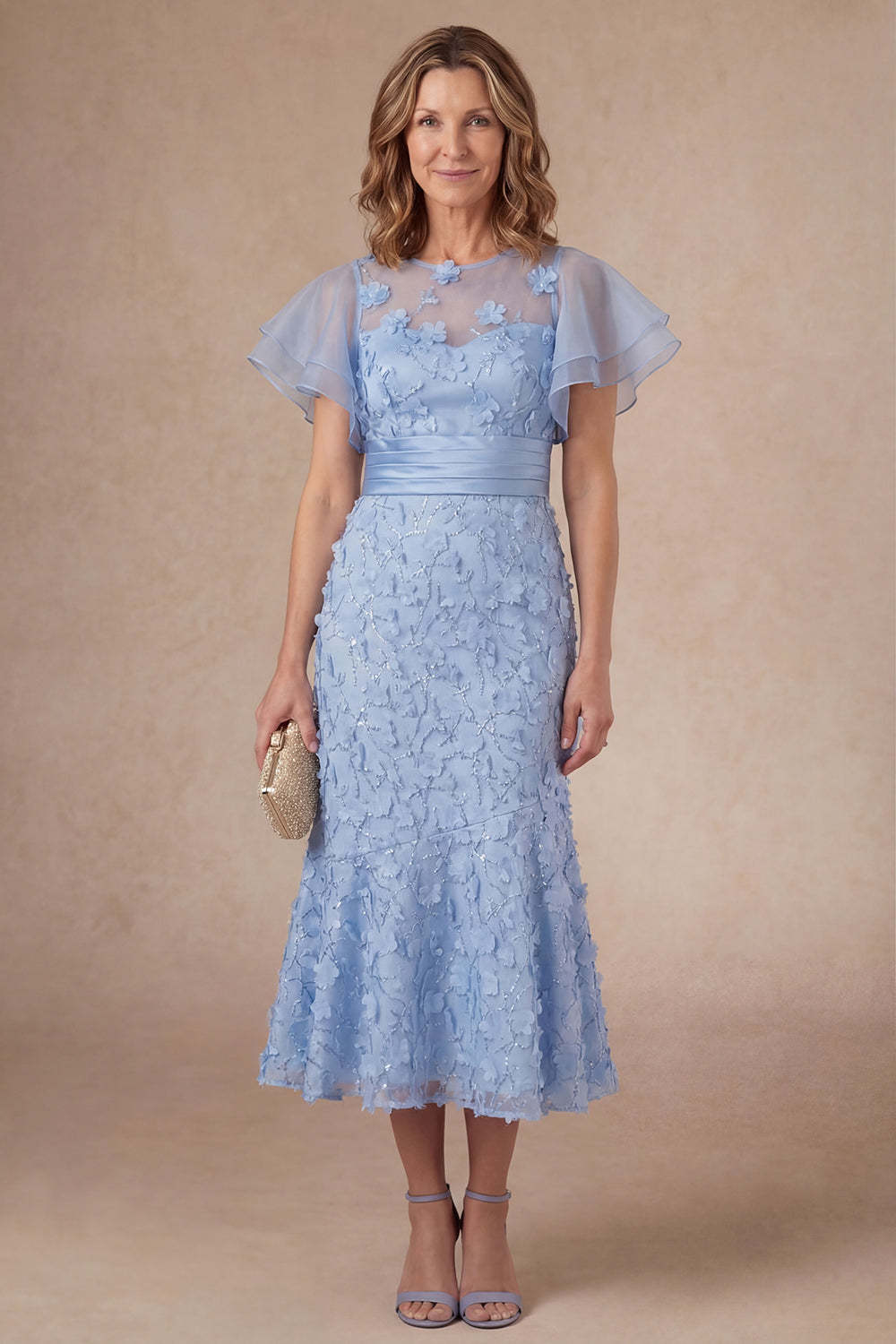 Leely Women Light Blue Mermaid Floral Ruffled Midi Mother Dress Appliqued Short Sleeves Wedding Guest Dress