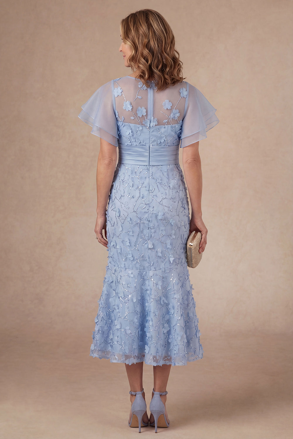 Light Blue Mermaid Floral Appliqued Ruffled Midi Mother Dress