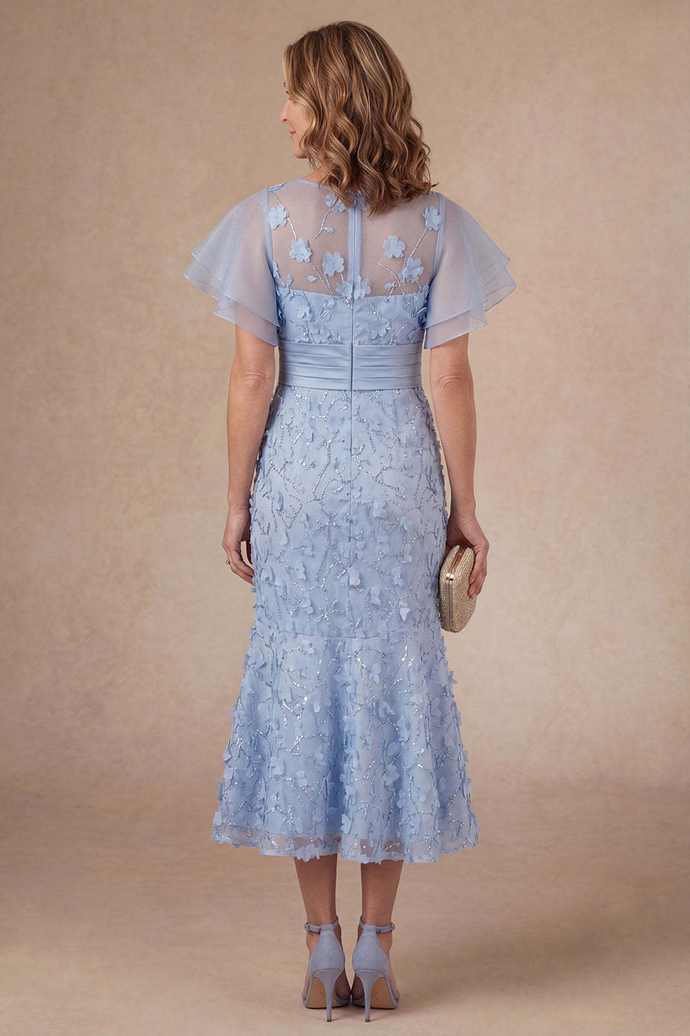 Light Blue Mermaid Floral Appliqued Ruffled Midi Mother Dress