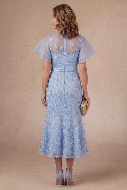 Light Blue Mermaid Floral Appliqued Ruffled Midi Mother Dress