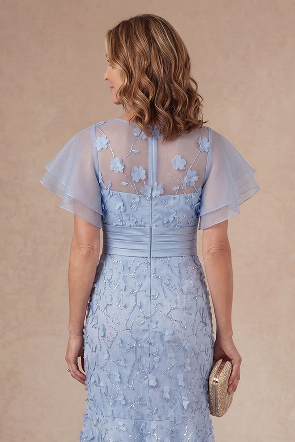 Light Blue Mermaid Floral Appliqued Ruffled Midi Mother Dress