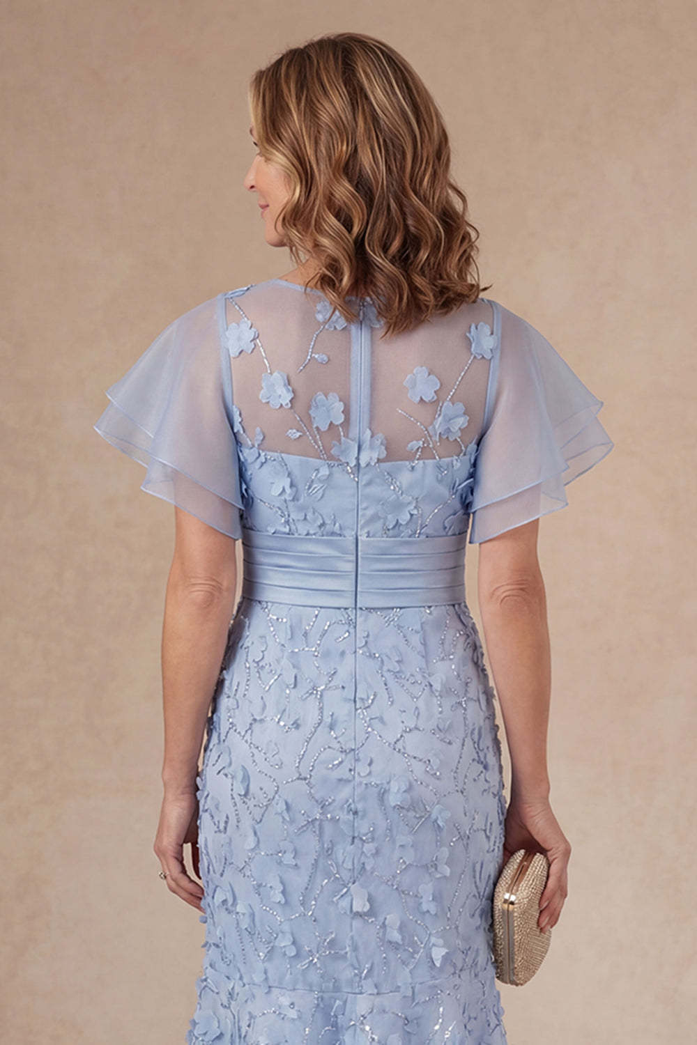 Light Blue Mermaid Floral Appliqued Ruffled Midi Mother Dress