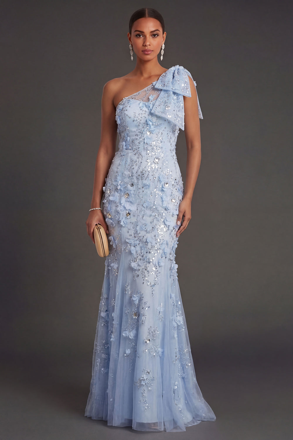 Leely Women Sparkly Sequined Sky Blue Mermaid Long Formal Dress One Shoulder Backless Sleeveless Evening Dress with Bow