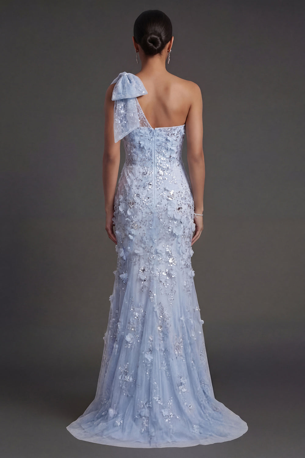 Sparkly Sequined Sky Blue  Mermaid One Shoulder Long Formal Dress