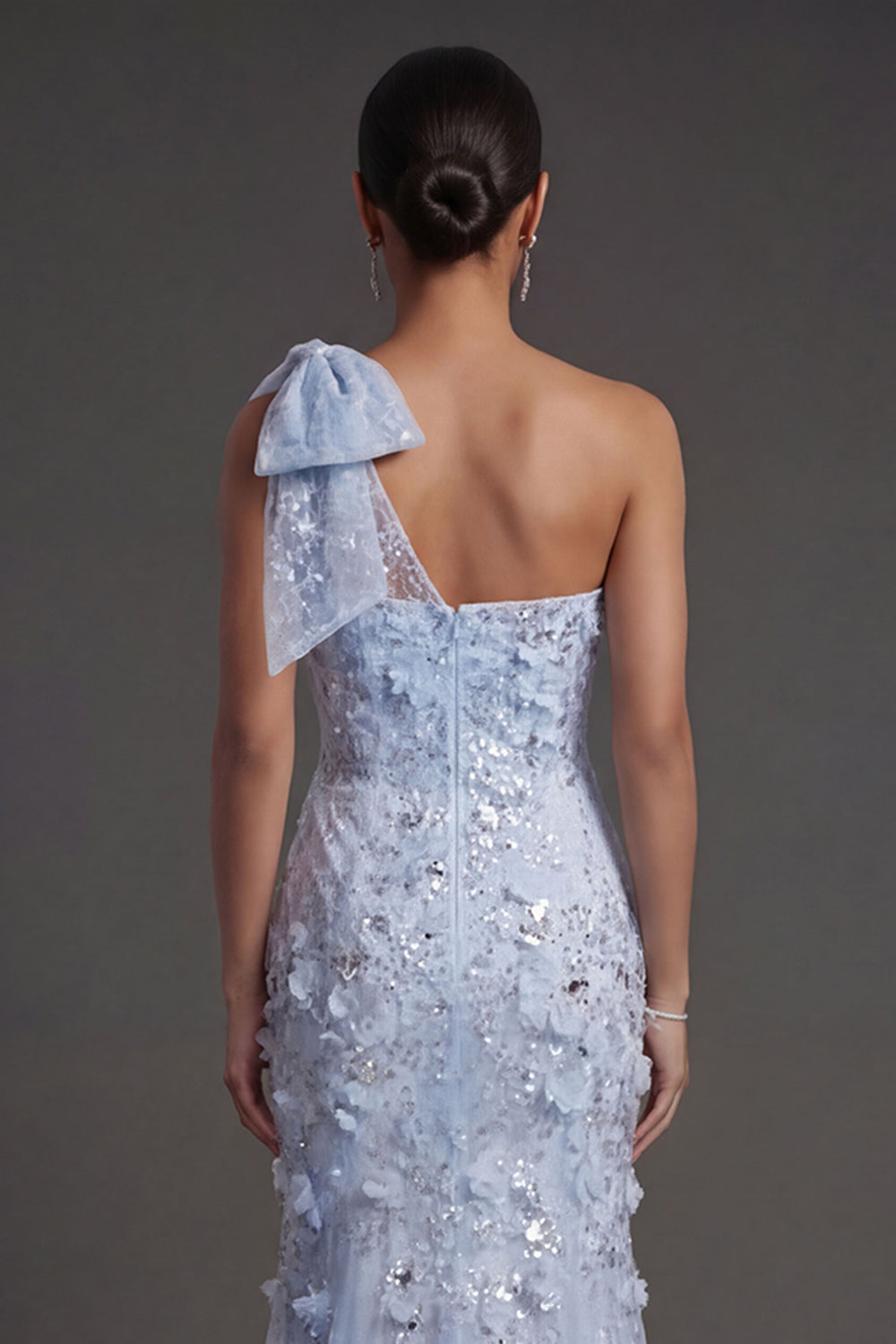 Sparkly Sequined Sky Blue  Mermaid One Shoulder Long Formal Dress