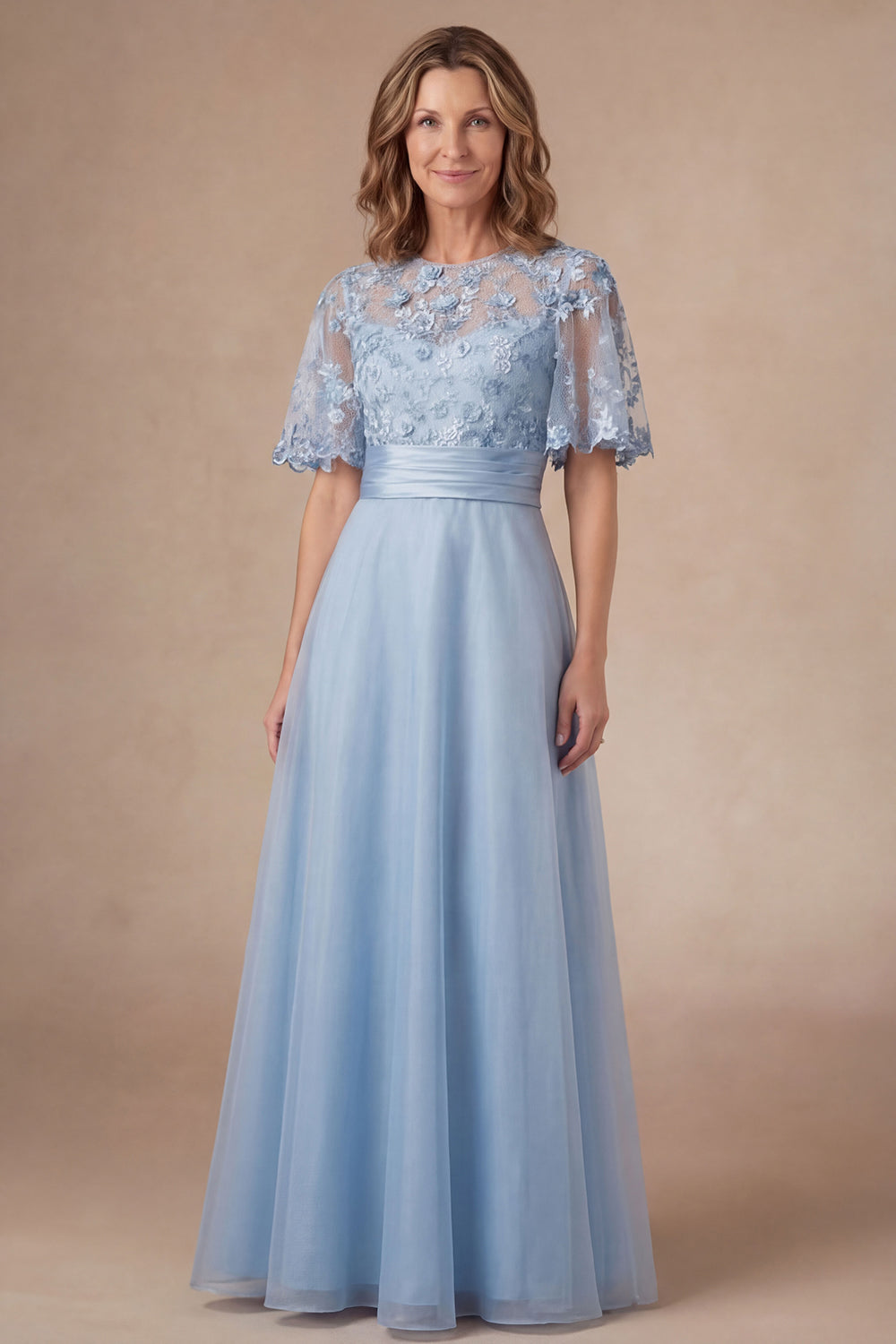 Leely Women Sky Blue A Line Floral Short Sleeves Long Mother Dress Appliqued Illusion Neck Wedding Guest Neck
