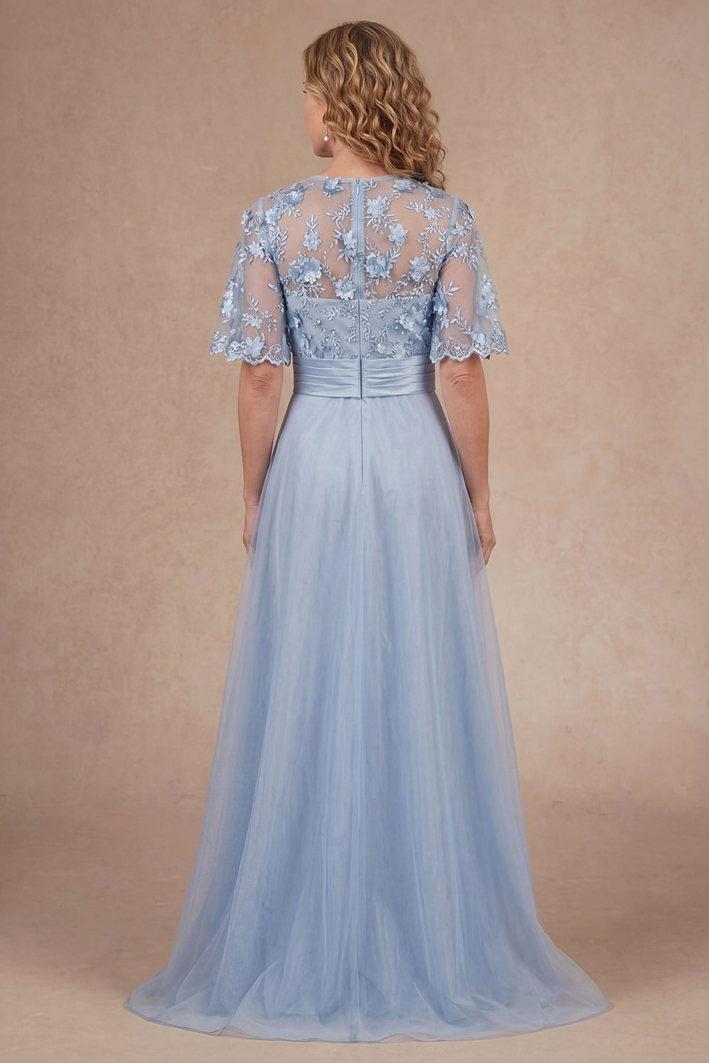 Sky Blue A Line Floral Appliqued Short Sleeves Long Mother Dress