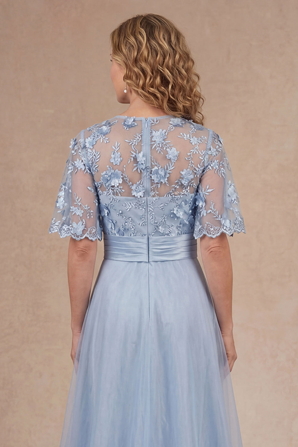 Sky Blue A Line Floral Appliqued Short Sleeves Long Mother Dress