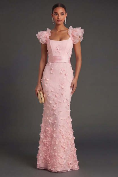 Leely Women Blush Sheath Ruffled Floral Long Formal Dress Appliqued Square Neck Evening Dress