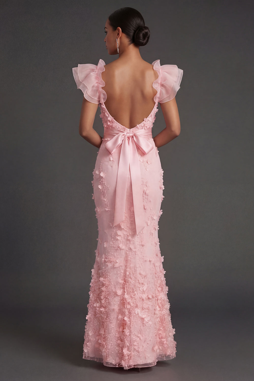 Blush Sheath Ruffled Floral Appliqued Square Neck Long Formal Dress