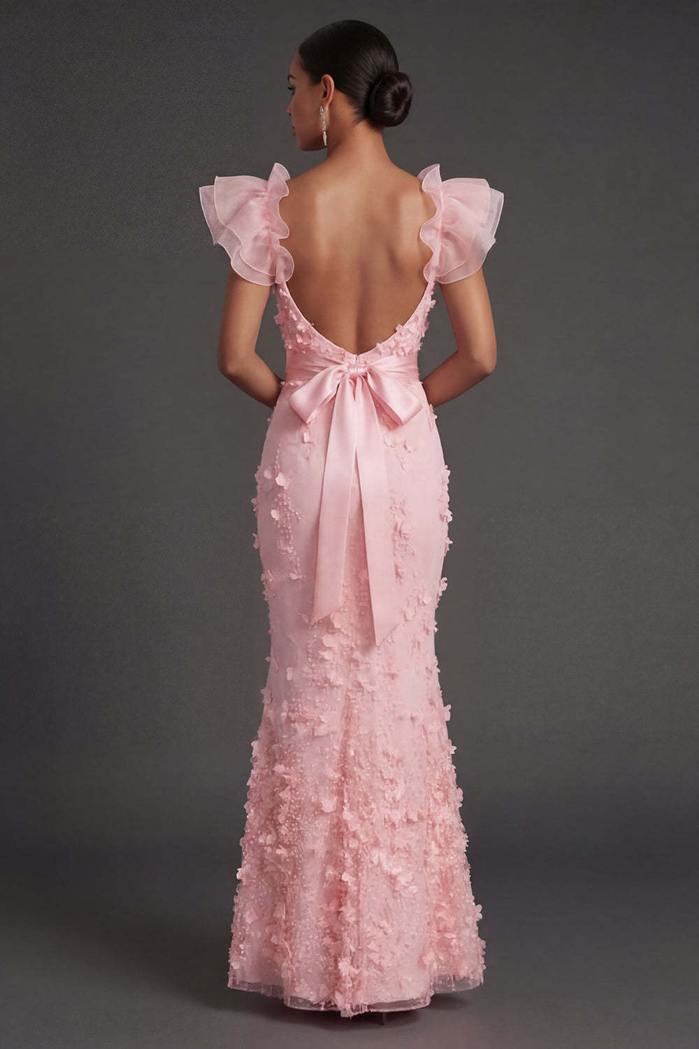 Blush Sheath Ruffled Floral Appliqued Square Neck Long Formal Dress