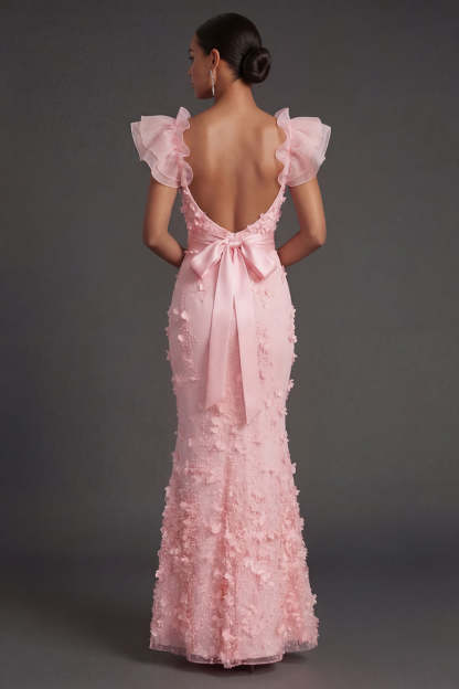 Blush Sheath Ruffled Floral Appliqued Square Neck Long Formal Dress