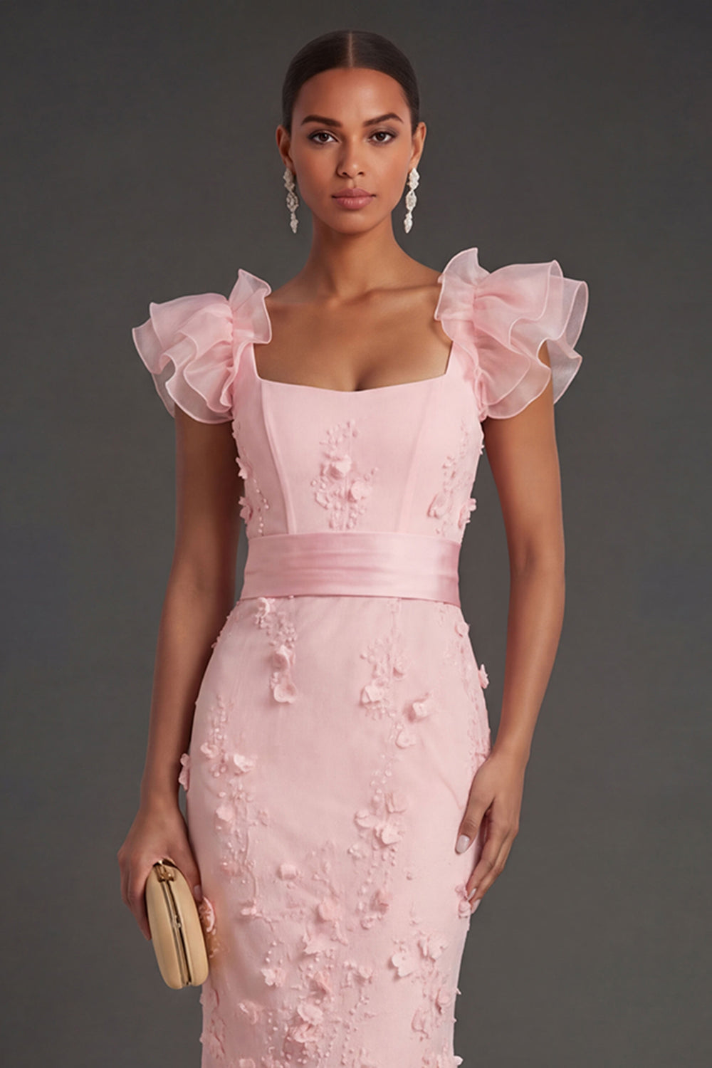 Blush Sheath Ruffled Floral Appliqued Square Neck Long Formal Dress