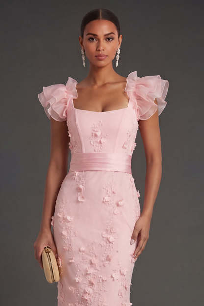 Blush Sheath Ruffled Floral Appliqued Square Neck Long Formal Dress