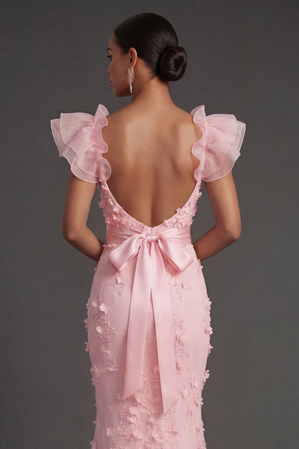 Blush Sheath Ruffled Floral Appliqued Square Neck Long Formal Dress