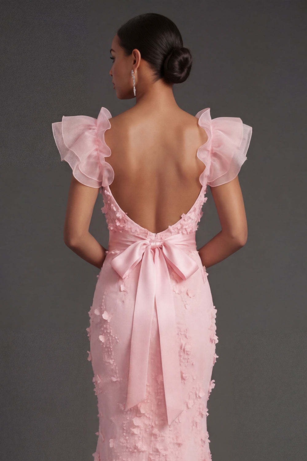 Blush Sheath Ruffled Floral Appliqued Square Neck Long Formal Dress