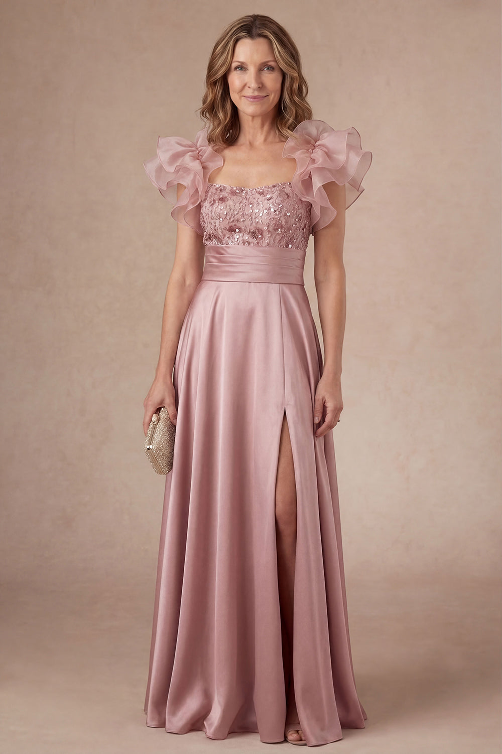 Leely Women A Line Satin Dusty Rose Beaded Satin Long Mother Dress with Slit Ruffled Square Neck Wedding Guest Dress