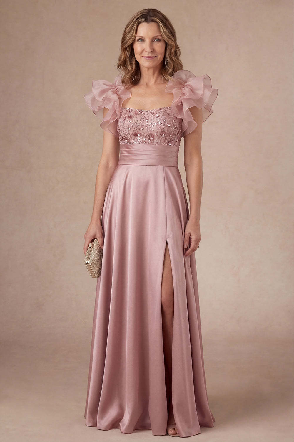 Leely Women A Line Satin Dusty Rose Beaded Satin Long Mother Dress with Slit Ruffled Square Neck Wedding Guest Dress