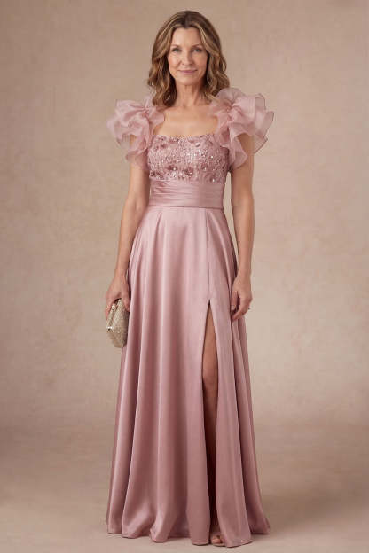Leely Women A Line Satin Dusty Rose Beaded Satin Long Mother Dress with Slit Ruffled Square Neck Wedding Guest Dress