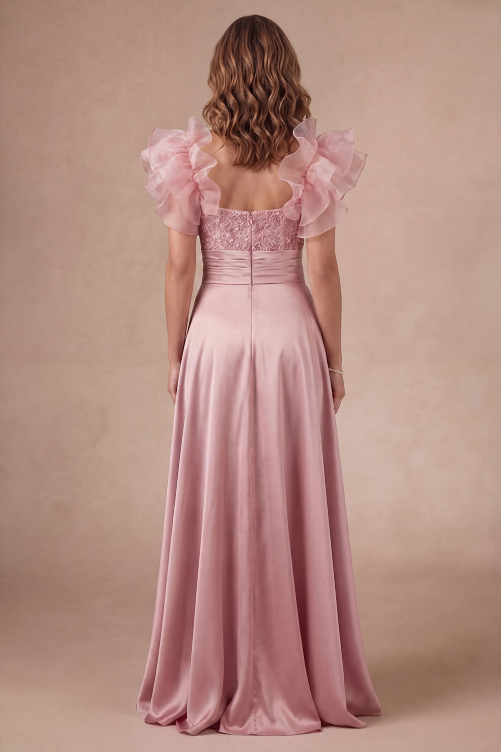 Ruffled A Line Satin Dusty Rose Beaded Satin Long Mother Dress with Slit