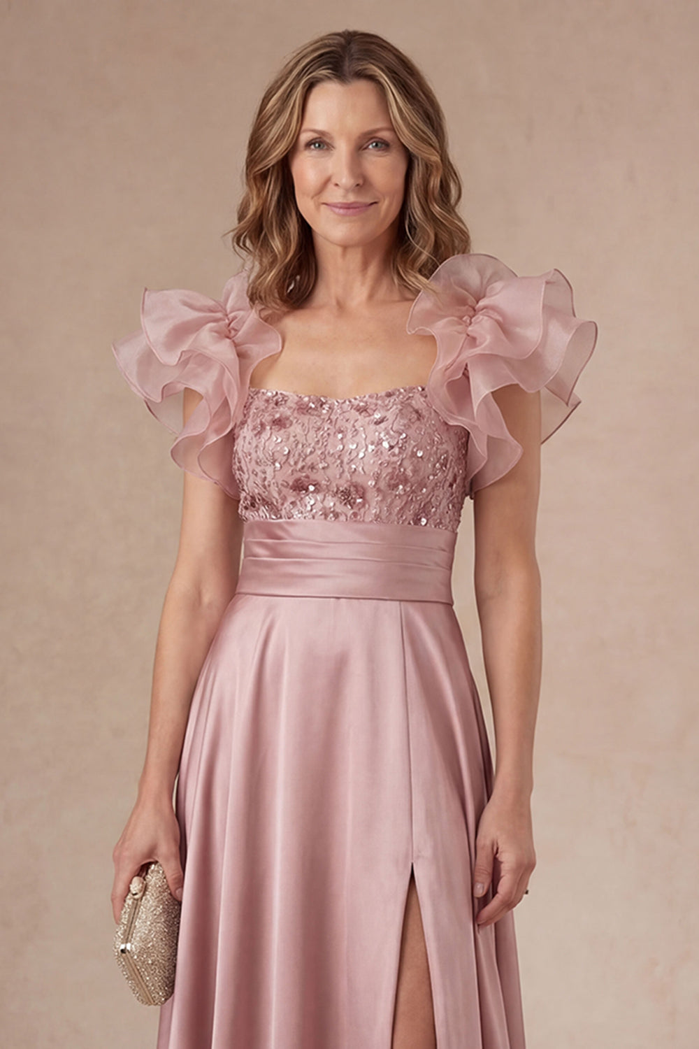 Ruffled A Line Satin Dusty Rose Beaded Satin Long Mother Dress with Slit